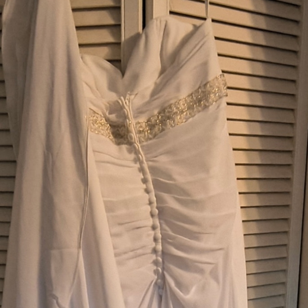 David's Bridal White Dress with Gold Accents